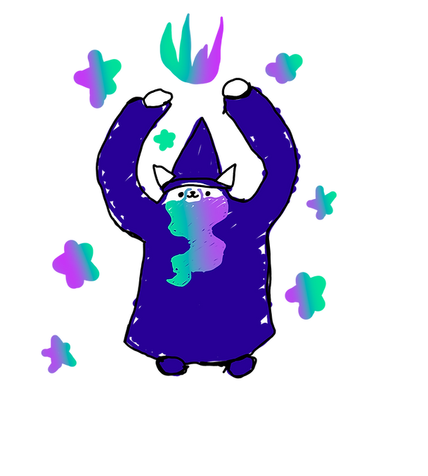 The purple cat wizard raising both paws while colorful magic clouds float around it.