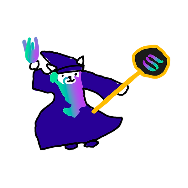 A hand-drawn purple cat wizard waving a Solana wand.